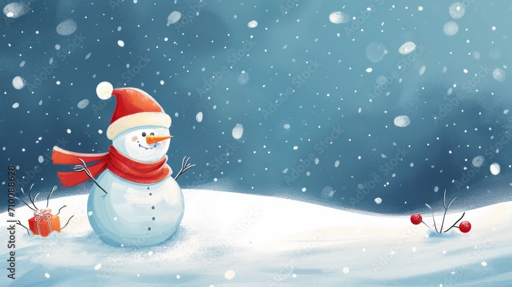 Fototapeta premium Painting of a Snowman With Red Hat and Scarf
