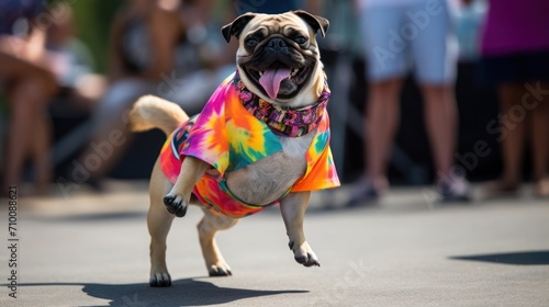 funny dog pug in clothes and sunglasses dancing in the studio on a black background