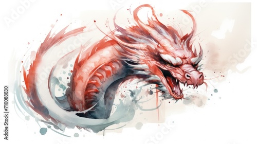 Watercolor Chinese Dragon Artwork. Vibrant watercolor painting of a Chinese dragon Lunar New year 2024, symbolizing power and wisdom, with dynamic splashes