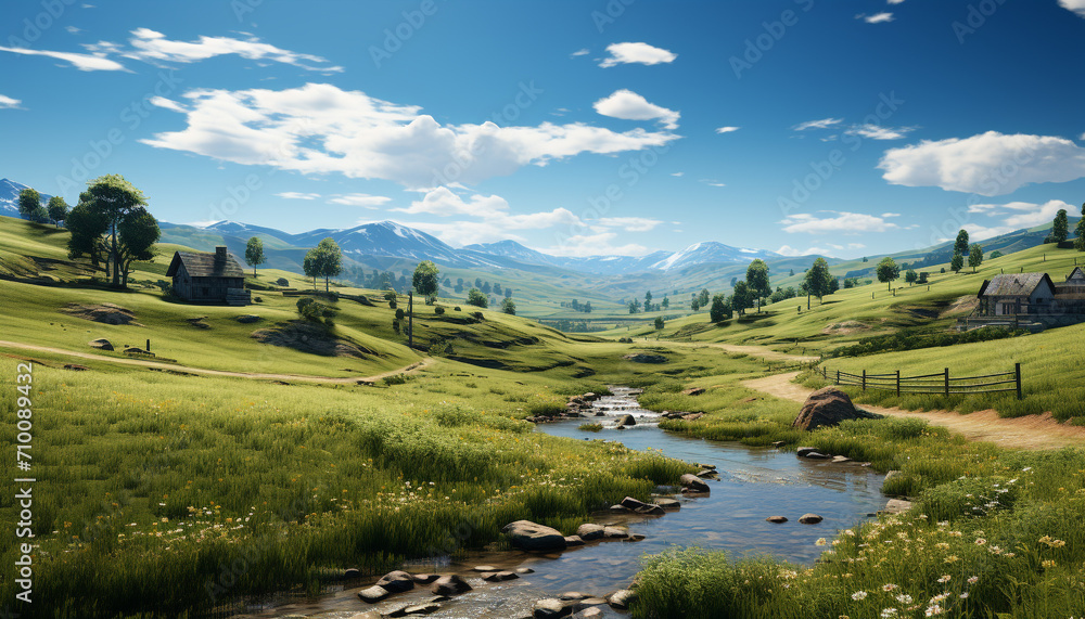 Tranquil meadow, green grass, blue sky, mountain generated by AI