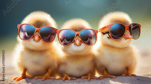 Cute spring baby chick wearing cool sunglasses.Generative AI © Артур Комис
