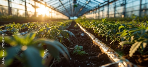 Spacious modern greenhouse with rows of emerging hemp seedlings. High-tech facility with advanced hydroponic systems. Legalized cannabis cultivation for medical purpose. photo