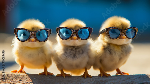 Cute spring baby chick wearing cool sunglasses.Generative AI photo