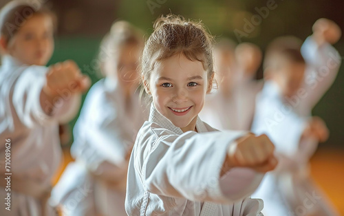 Crianças fofas na aula de caratê estão aprendendo imitando o treinador