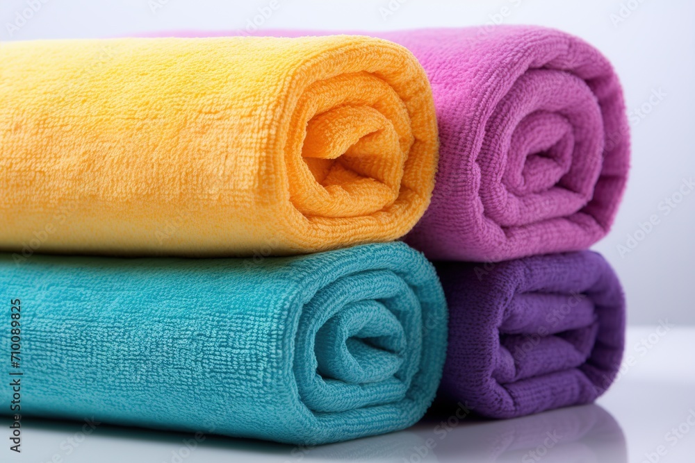 Colorful soft bath towels rolled up on white background Colorful soft bath towels rolled up on white background