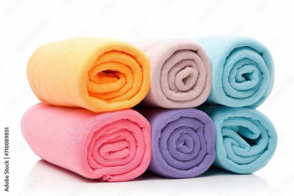 Colorful soft bath towels rolled up on white background Colorful soft bath towels rolled up on white background