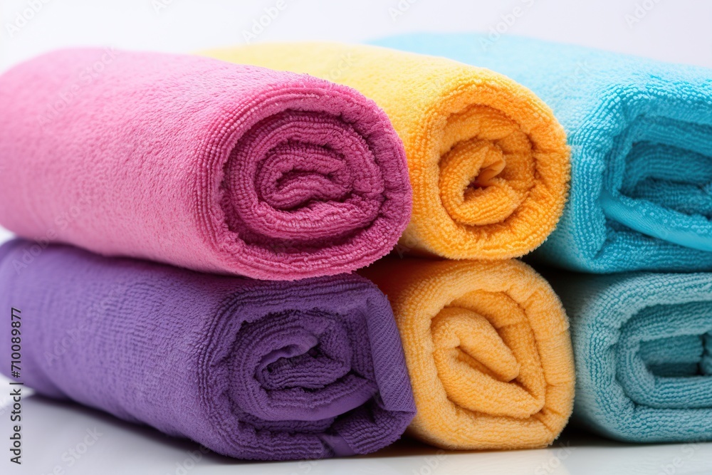Colorful soft bath towels rolled up on white background Colorful soft bath towels rolled up on white background