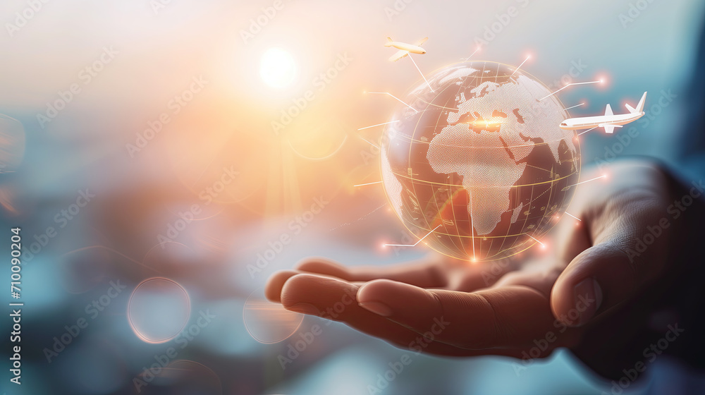 hand holding a globe with airplanes flying around it- concept for transportaition and aviation - obrazy, fototapety, plakaty 