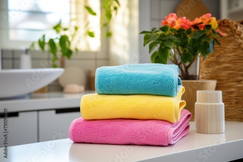 Colorful folded bath towels in bathroom © Alina