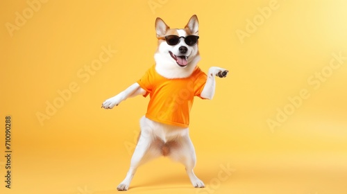 funny dog pug in clothes and sunglasses dancing in the studio on a black background