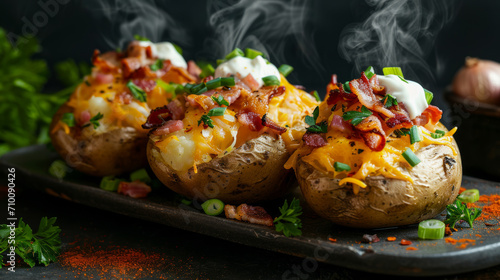 Baked potatoes stuffed with bacon, cheese and green spring onions, surrounded by sour cream and parsley