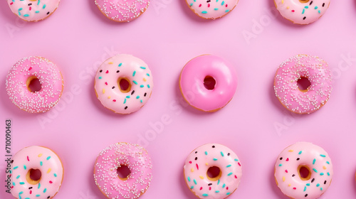Donuts on pink background. top view and place for text.Generative AI
