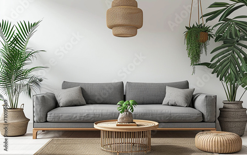 sala com sofa cinza e palmeiras plantas decorativas  photo