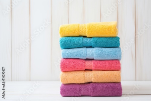Colorful folded bath towels on wooden background