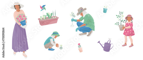 woman with flowers pot, man in a protective hat, kids boy and girl take measures against the solar radiation and UV ultraviolet during gardening	
