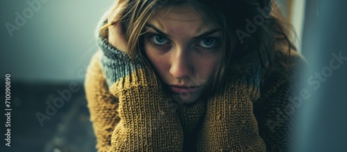 Lonely girl in sweater, hugging knees to chest. photo