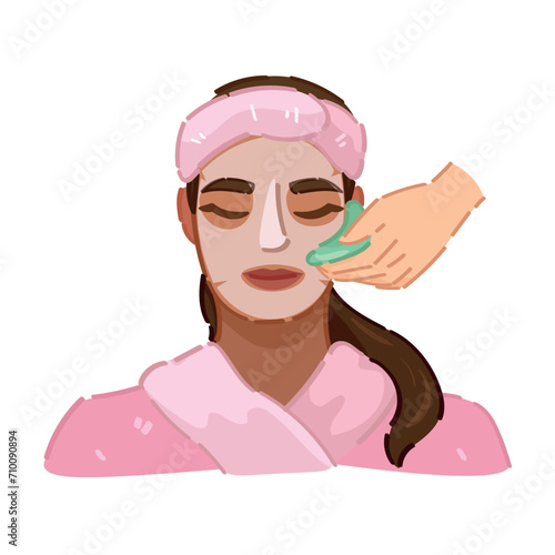 Woman receiving gua sha face massage on white background