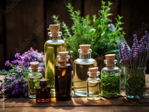 An assortment of essential oil bottles with fresh plants from which they re derived  like lavender  peppermint  and rosemary  arranged on a wooden surface 