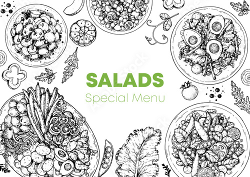 Hand drawn salads. Food top view vector illustration. Healthy eating. Salads collection. Food menu design template. Hand drawn sketch.
