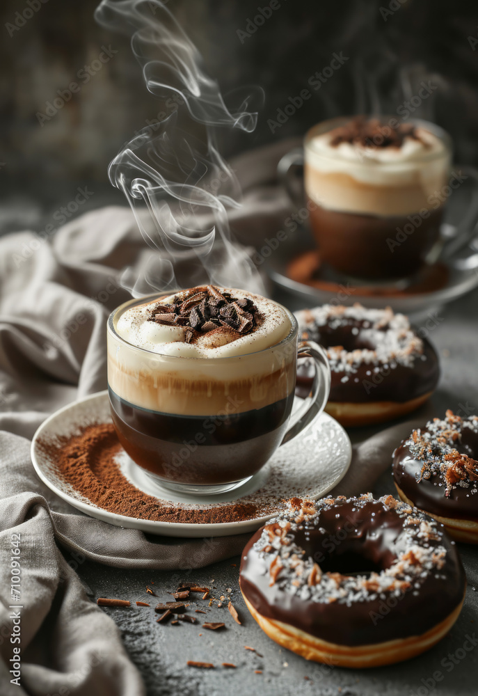 Freshly prepared coffee with cream, surrounded by chocolate donuts on light dish Freshly prepared coffee with cream, surrounded by chocolate donuts on light dish