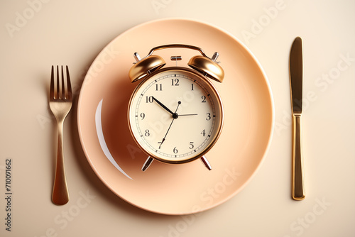 Empty plate with a clock inside and cutlery, fork and knife, on the sides. Intermittent fasting concept. Generative AI