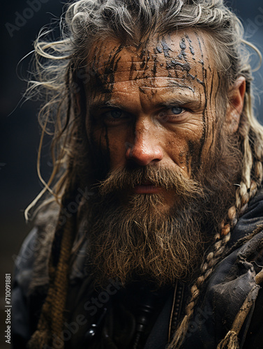 portrait of a man dressed up in a viking suit with long hair