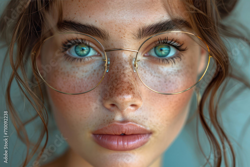 Close-up portrait of a beautiful young girl with freckles and glasses