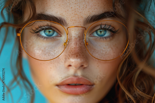 Close-up portrait of a beautiful girl with freckles on her face