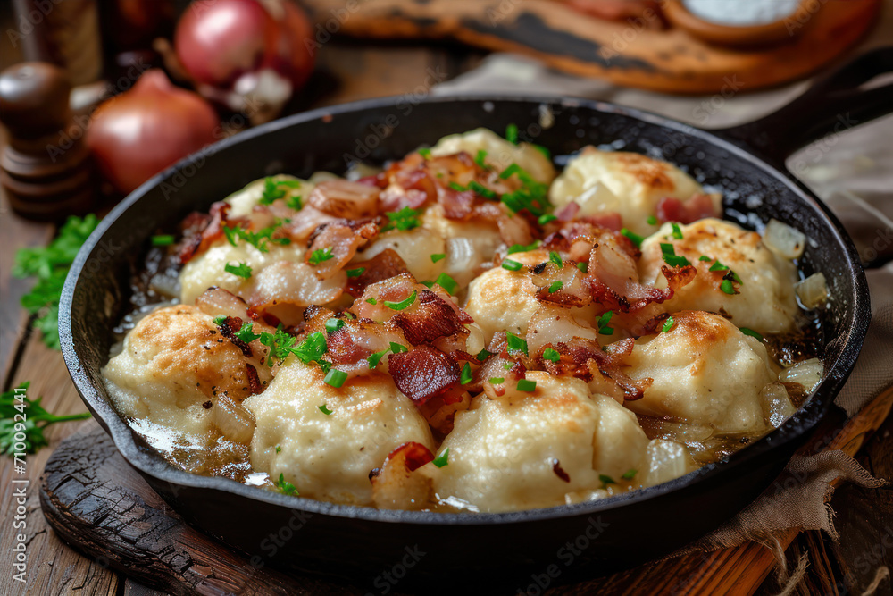Potato dumplings with bacon in a cast-iron frying pan Potato dumplings with bacon in a cast-iron frying pan
