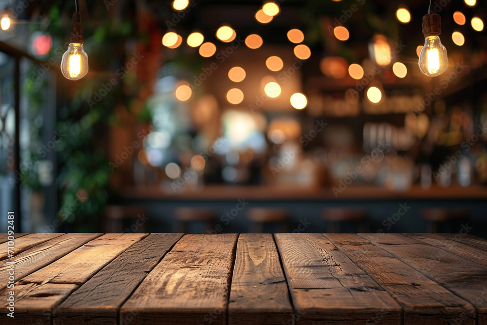 Captivating scene unfolds as a flawless generative AI crafts a wooden table against a blurred restaurant or cafe backdrop, adorned with bokeh, creating an inviting and warm atmosphere. Captivating scene unfolds as a flawless generative AI crafts a wooden table against a blurred restaurant or cafe backdrop, adorned with bokeh, creating an inviting and warm atmosphere.