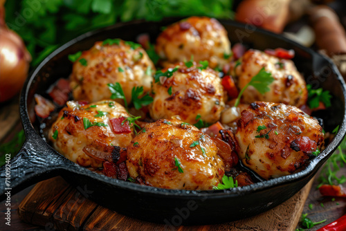 Meatballs with bacon, onion and parsley in a frying pan photo