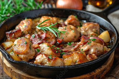 Fried potatoes with bacon and onion in a cast-iron frying pan
