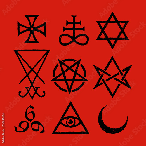 Satanic Symbols, Medieval Occultism, Magic Stamps, Sigils, Keys, Mystical Symbols Knots, Devil's Cross. Sigil Lucifer Baphomet vector photo
