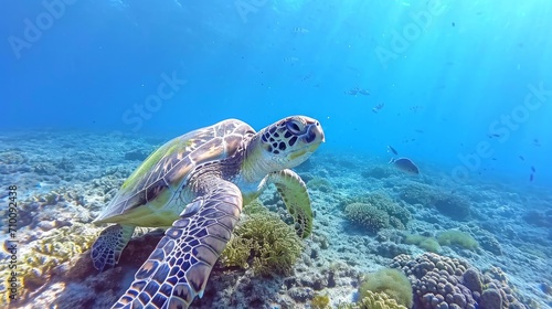 Sea turtle swimming in the shallow water to the sun. Blue water video with underwater creature. Scuba diving liveaboard trip.    © Emil