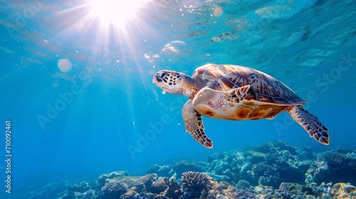 Sea turtle swimming in the shallow water to the sun. Blue water video with underwater creature. Scuba diving liveaboard trip. 