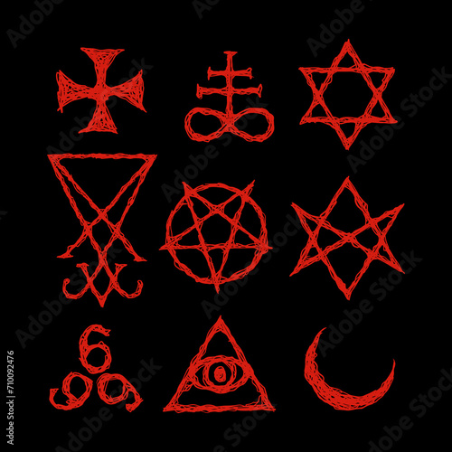 Satanic Symbols, Medieval Occultism, Magic Stamps, Sigils, Keys, Mystical Symbols Knots, Devil's Cross. Sigil Lucifer Baphomet vector