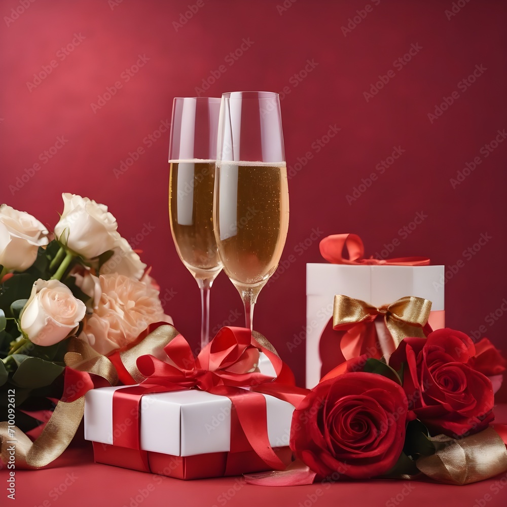 Two glasses of champagne gift box and flowers on a red background. Valentine's day decorations. Two glasses of champagne gift box and flowers on a red background. Valentine's day decorations.