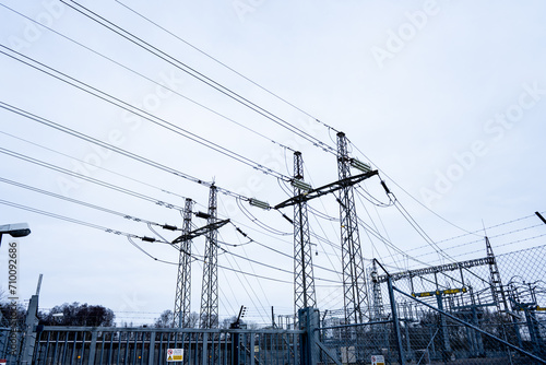 High voltage power lines at a transformer substation.
