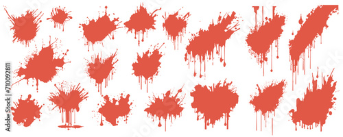 Red blood splatters mega set in flat design. Bundle elements of variation dirty liquid blots and bleeding ink with splashes and drops with grunge texture. Vector illustration isolated graphic objects