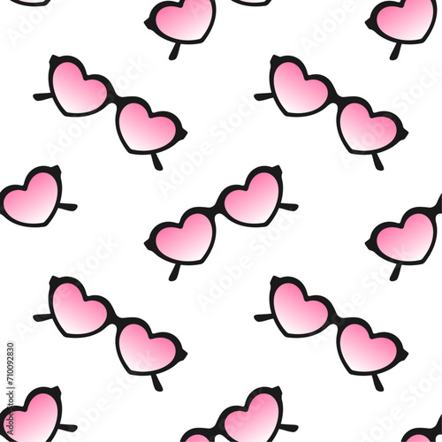 Heart shaped glasses vector seamless pattern. Pink gradient lenses in black frame on white background.