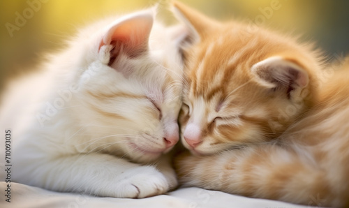Two small domestic kittens sleeping together at home lying on bed white blanket. Cute adorable pets cats. Domestic animals. Sleep and cozy nap time. Home pet. Valentines day concept.  © pijav4uk