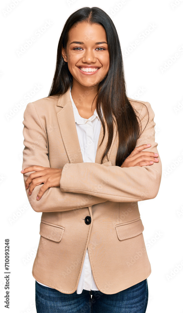 Beautiful hispanic woman wearing business jacket happy face smiling with crossed arms looking at the camera. positive person.