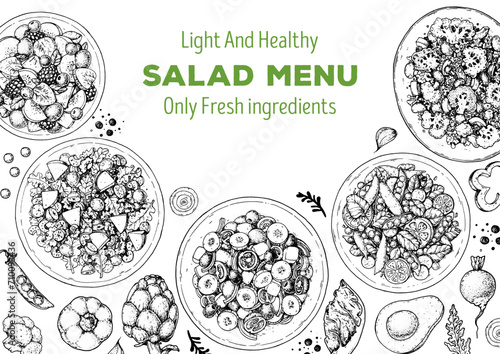 Hand drawn salads. Food top view vector illustration. Healthy eating. Salads collection. Food menu design template. Hand drawn sketch.