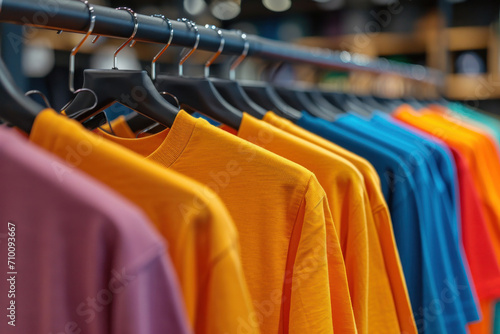 Vibrant Selection of T-Shirts on Display in a Store. A rainbow of neatly arranged t-shirts presents a variety of choices for the shopper.