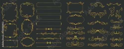 Gold vintage frames mega set in flat design. Bundle elements of abstract line classical decorative borders, dividers and templates square or circle forms. Vector illustration isolated graphic objects