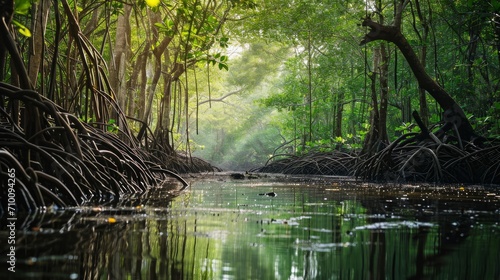 Virgin mangrove forest in Sri Lanka with exotic vegetation on river banks. Thick dense thicket of trees and roots in flooded swamp area. Foliage of canopy reflecting in river water surface 