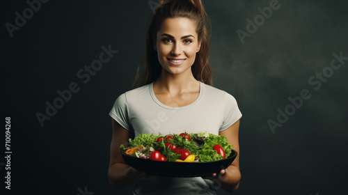 woman after workout with a plate of healthy salad. healthy life concept.Generative AI