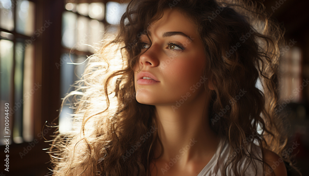 Young woman with long brown hair, looking away generated by AI Young woman with long brown hair, looking away generated by AI