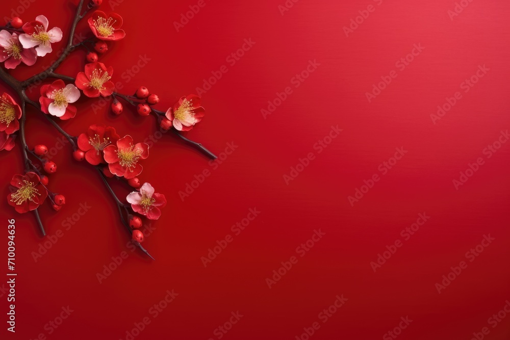 Fototapeta premium Happy Chinese New Year. Chinese new year festival decorations on a red background. Flat lay, top view with copy space