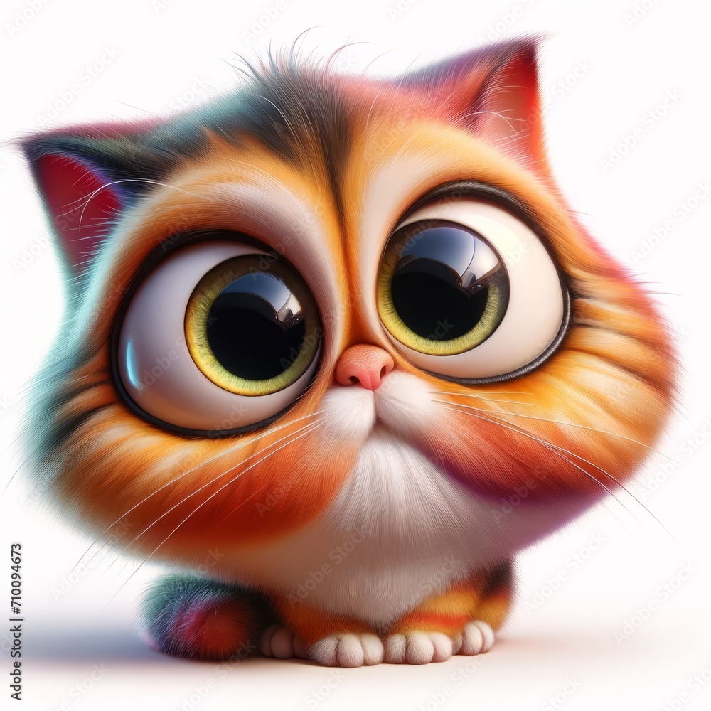 This digital artwork features an irresistibly cute cartoon cat with oversized, soulful eyes, painted in rich, vibrant colors